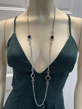 Vintage Sarah Coventry Black Beauty Long Station Necklace Signed Black Cabochon